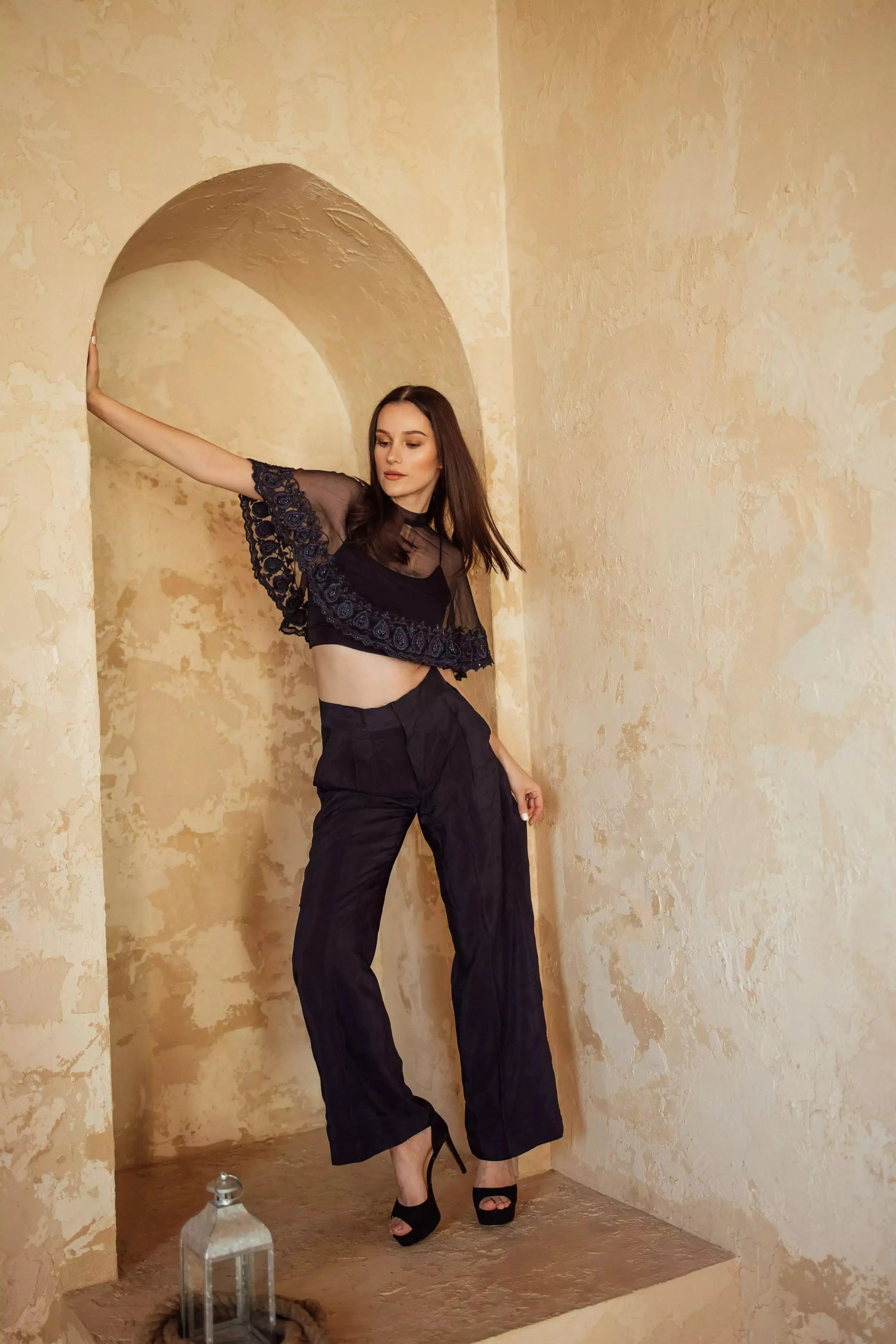 Camilla Navy Pant Set with Cape Drape