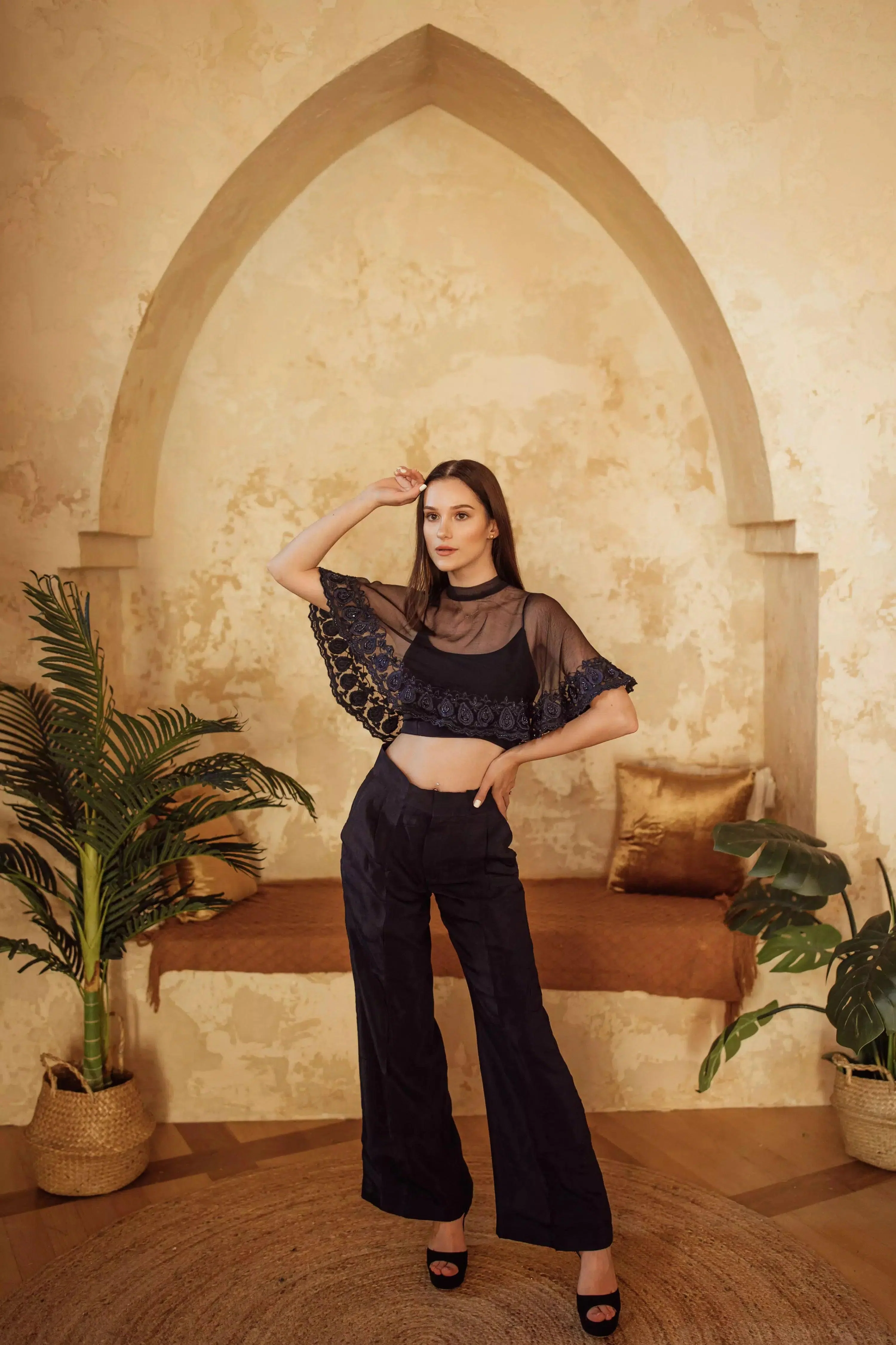 Camilla Navy Pant Set with Cape Drape - Image 2