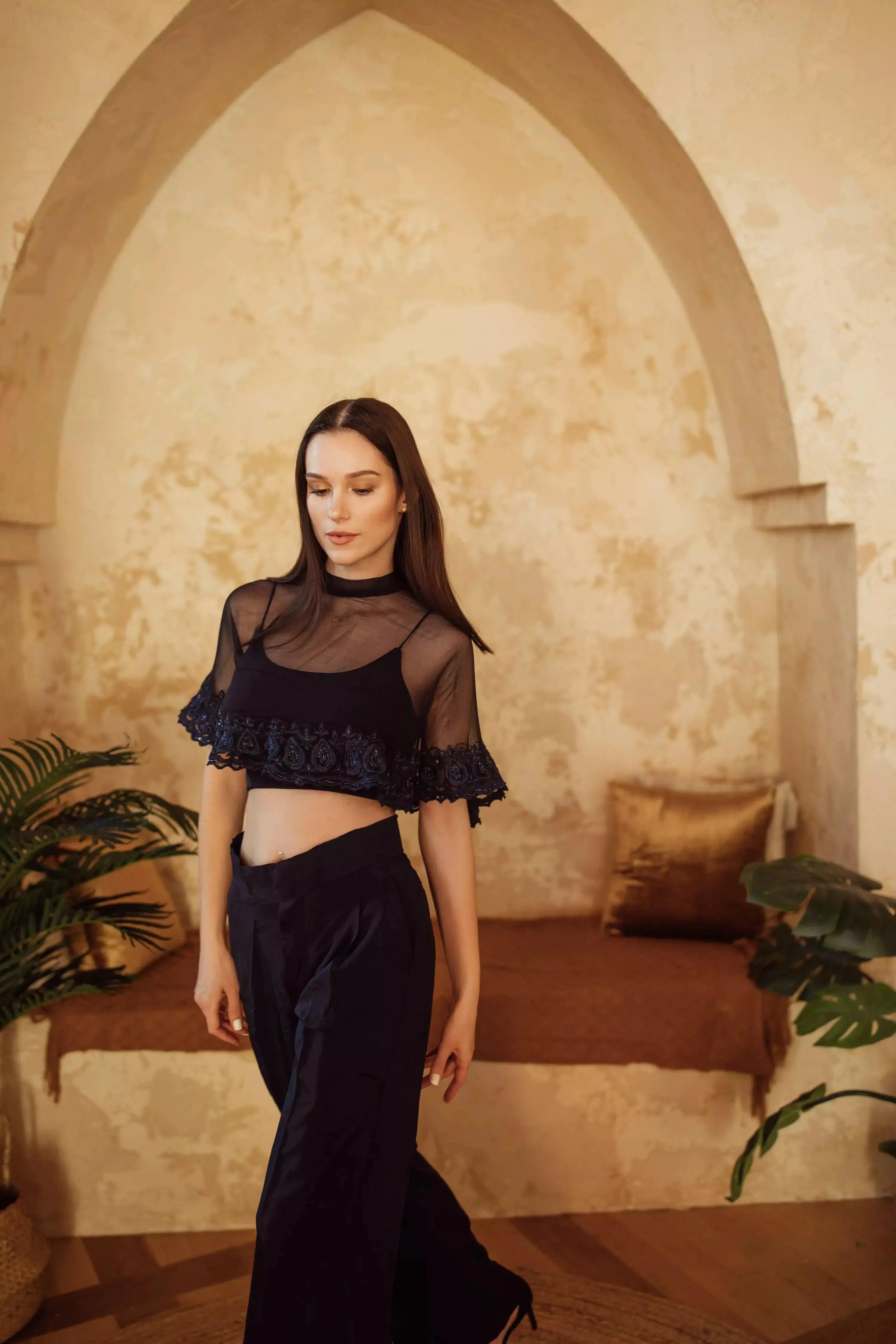 Camilla Navy Pant Set with Cape Drape - Image 4
