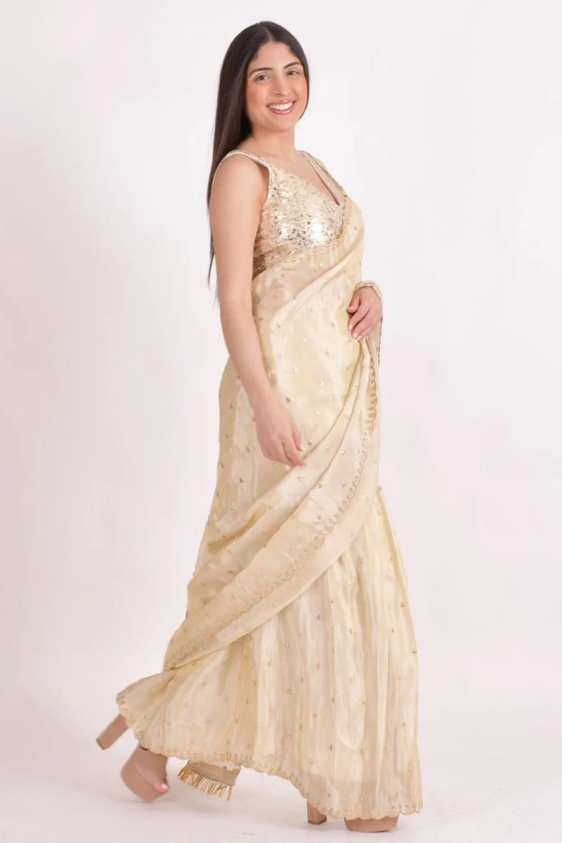 Beige Silk Pre-Pleated Embroidered Saree - Image 3