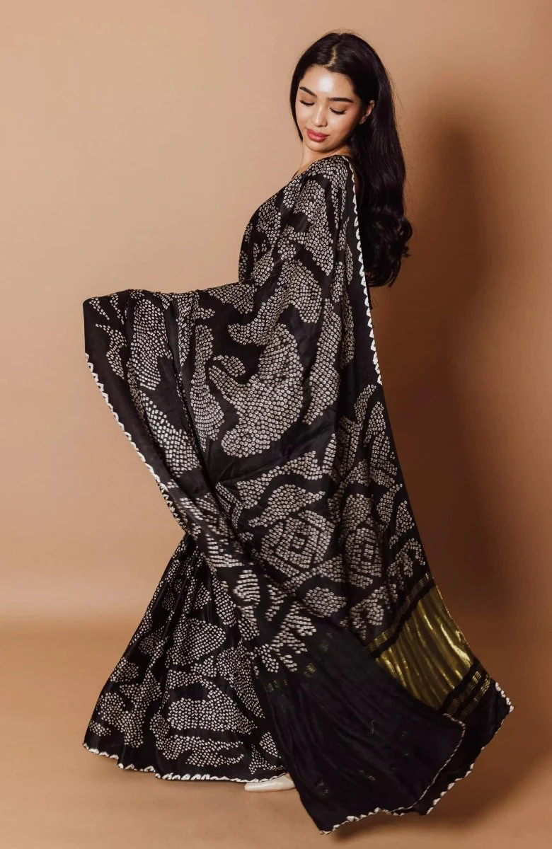Black Hand Bandhej Gaji Silk Saree - Image 3
