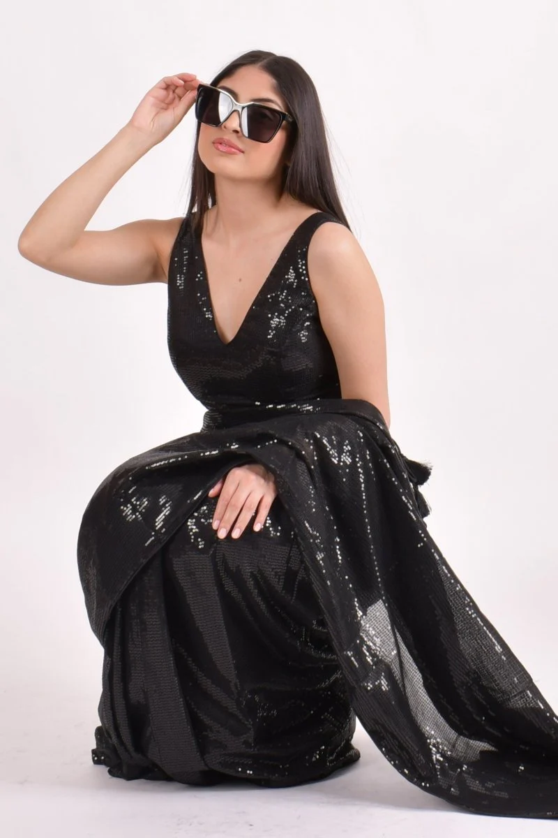 Black Sequins Pre-Draped Saree and V Neck Sequins Blouse - Image 5