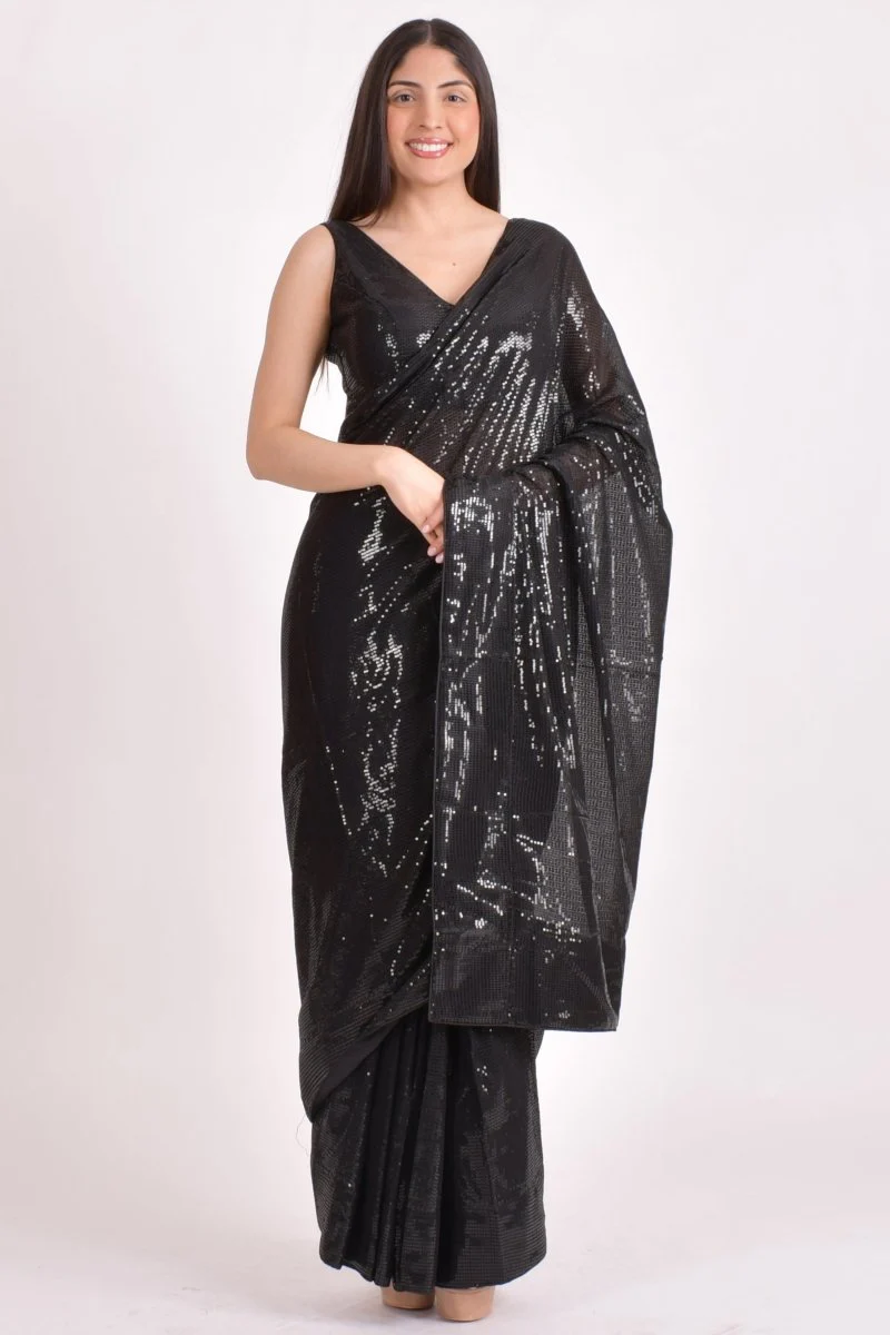 Black Sequins Pre-Draped Saree and V Neck Sequins Blouse - Image 6