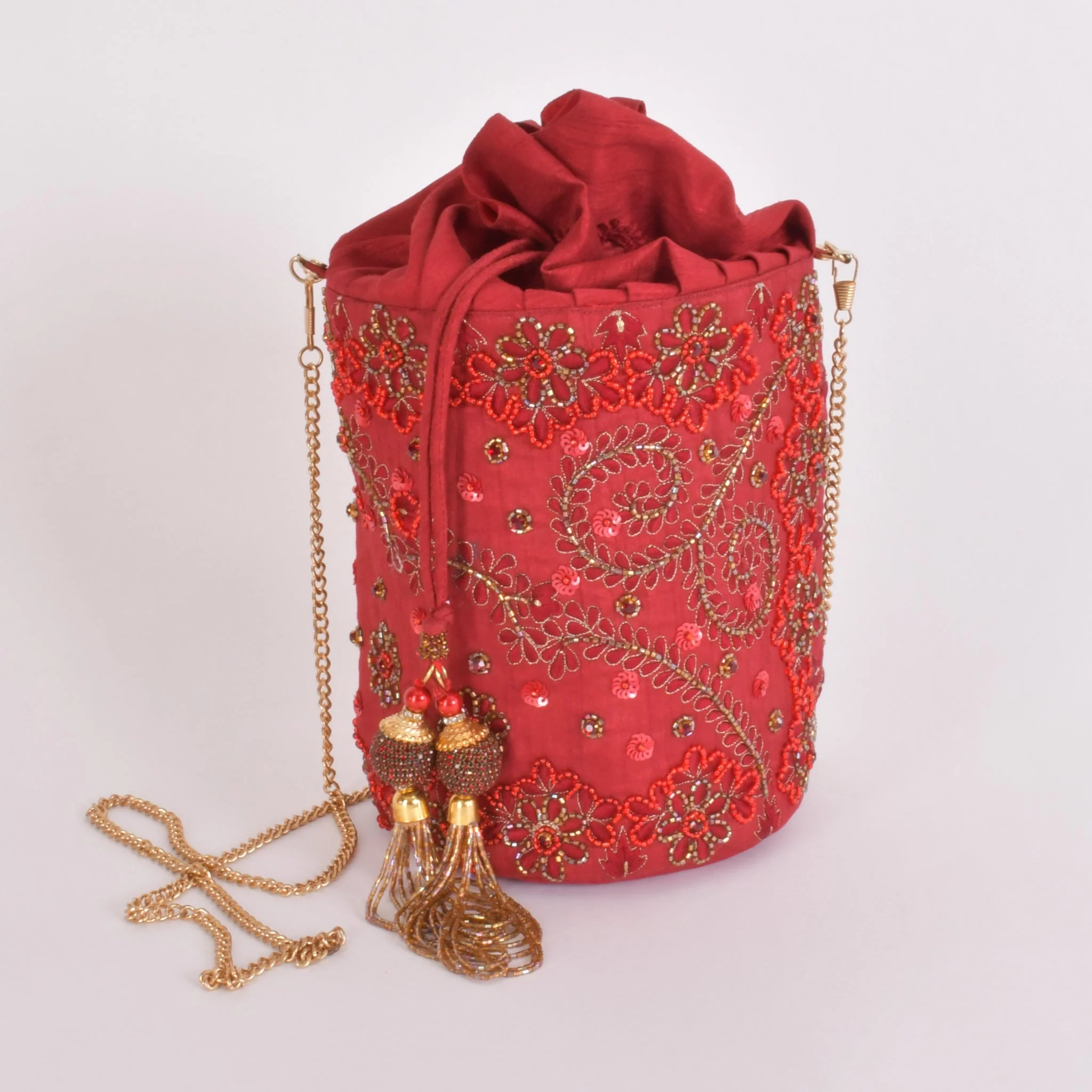Carmella Red & Gold Embroidered Bucket Bag - Image 2