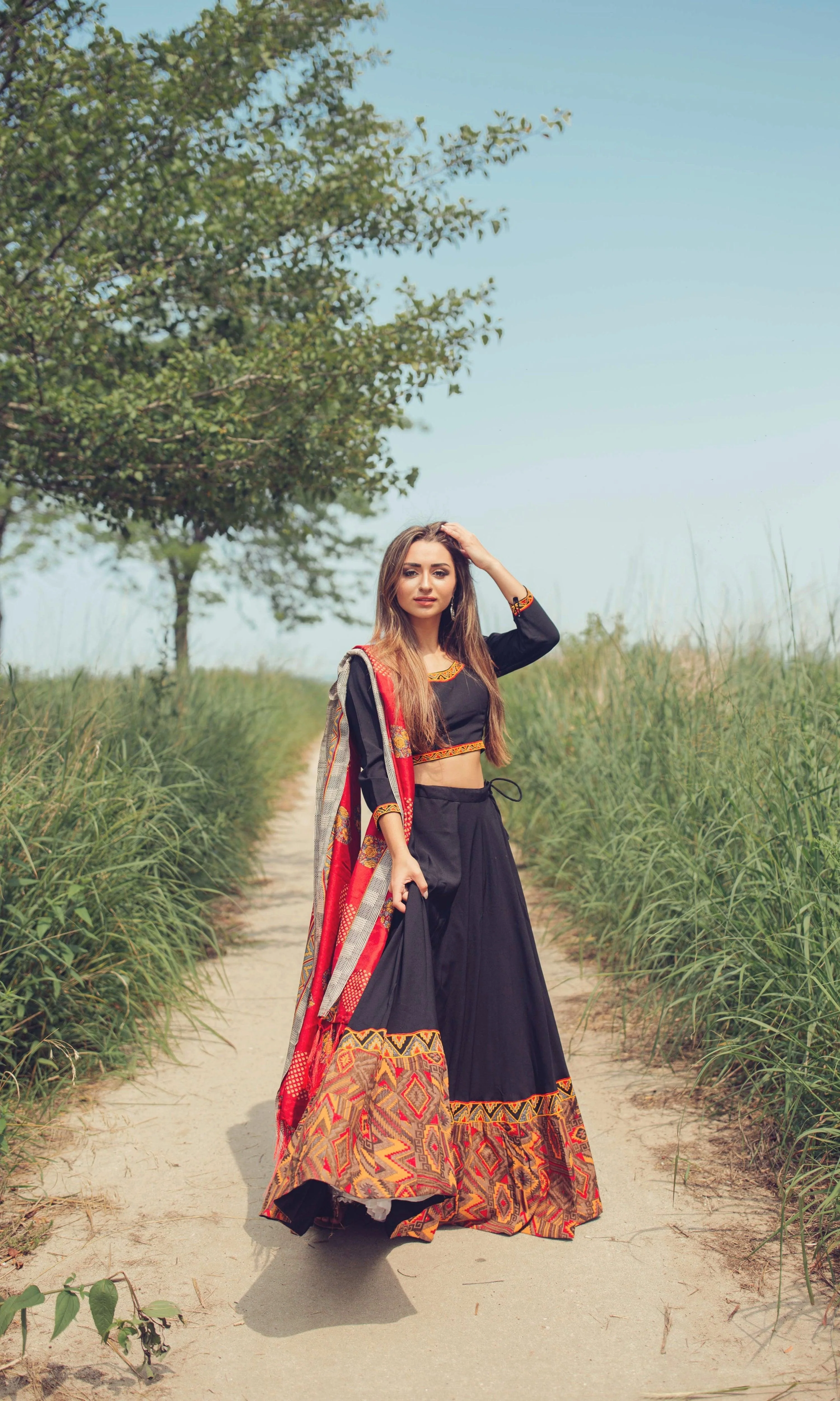 Black Print Trim Chaniya Choli Set
