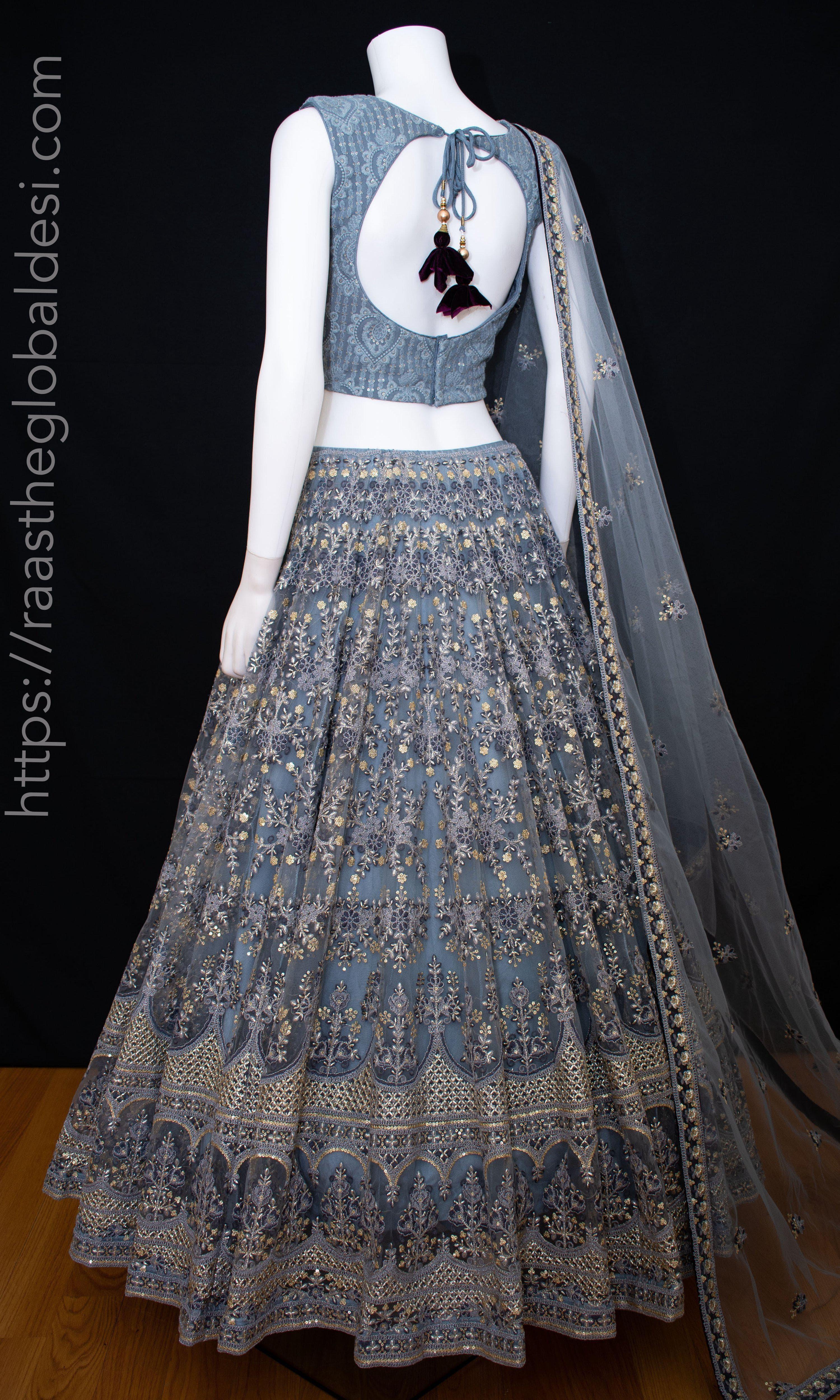 Gray and Gold Hand Embroidered Lehenga Choli Set - Image 4