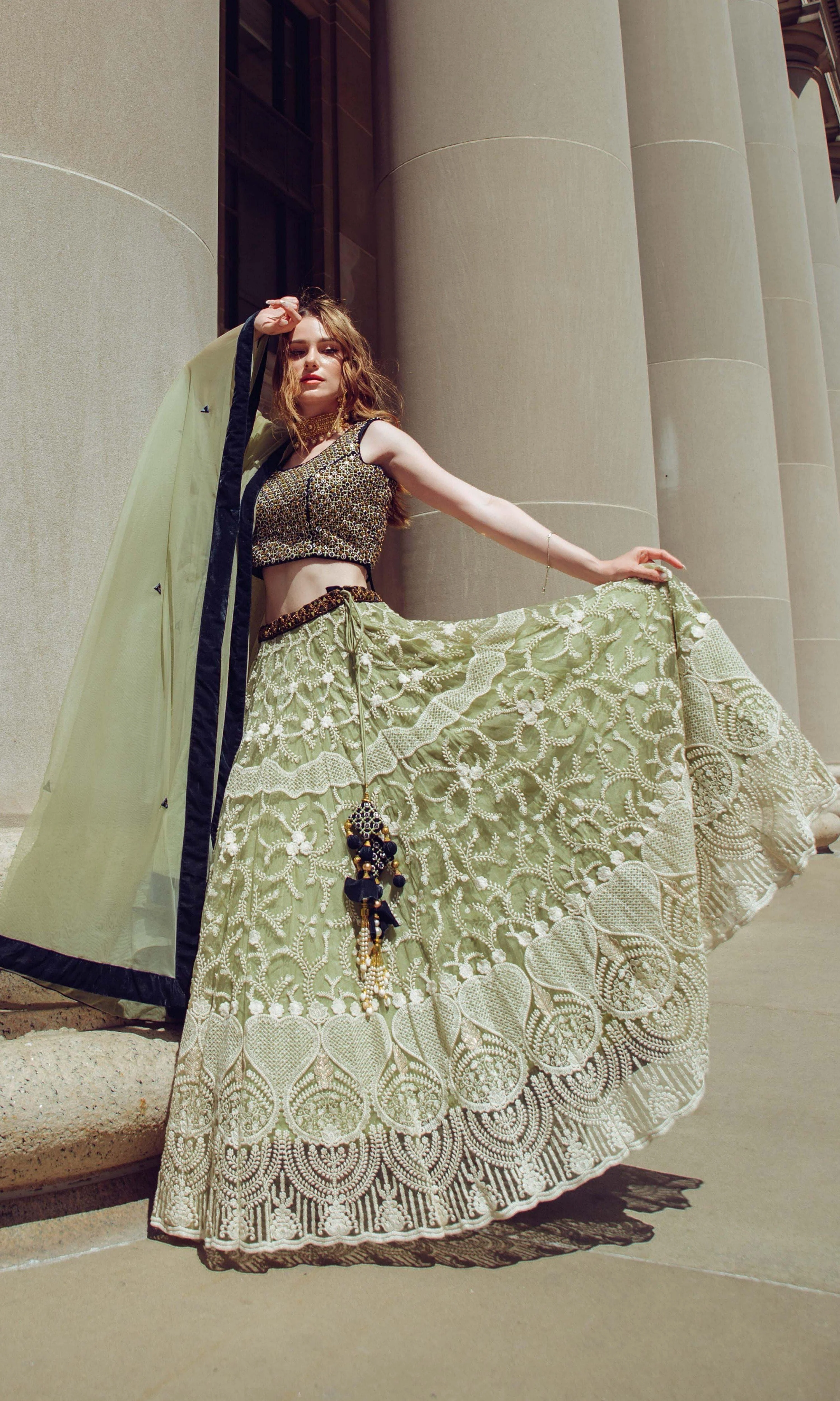 Pista Lehenga Choli with Heavy Embroidery