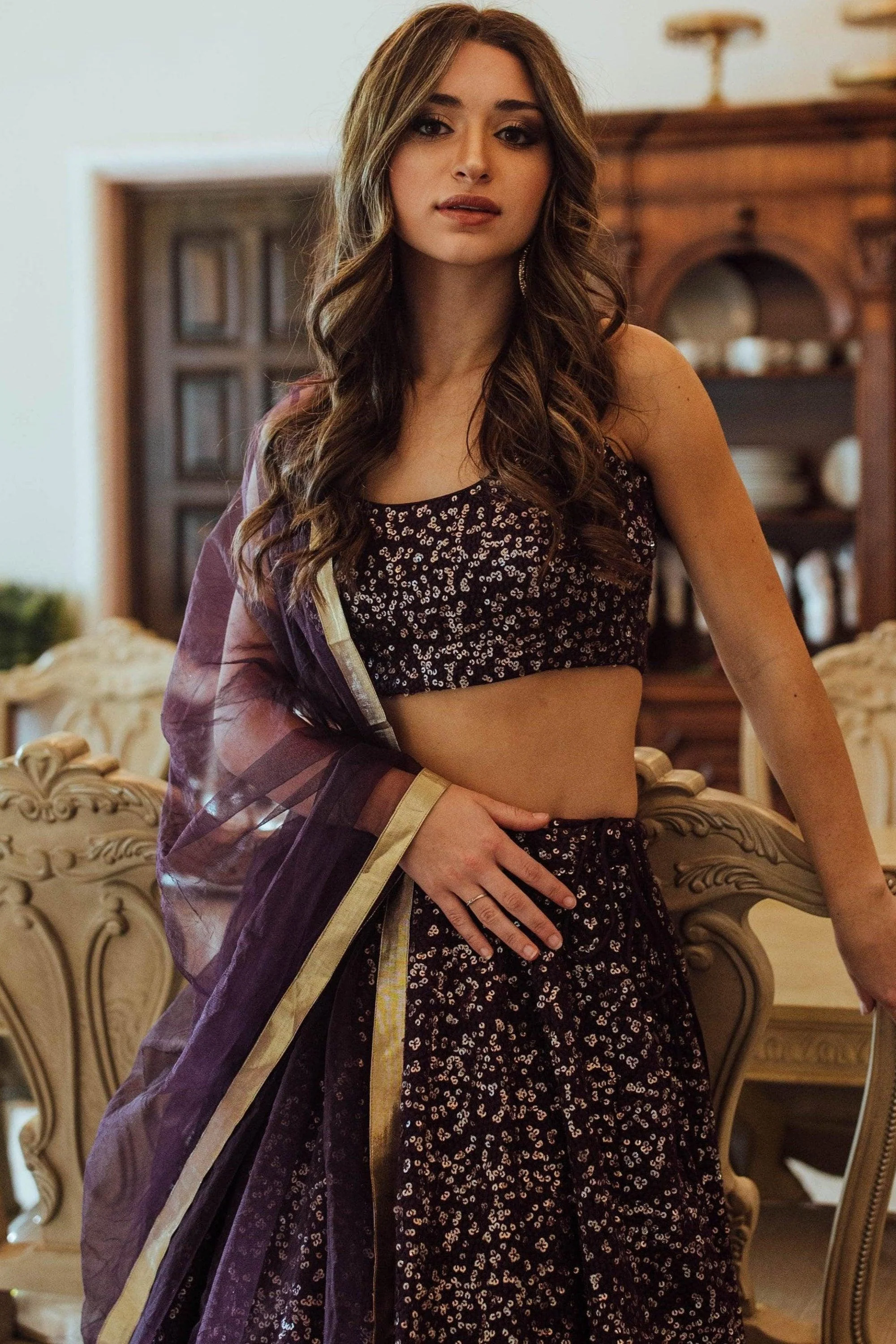 Wine Sequins Lehenga Choli Set - Image 4