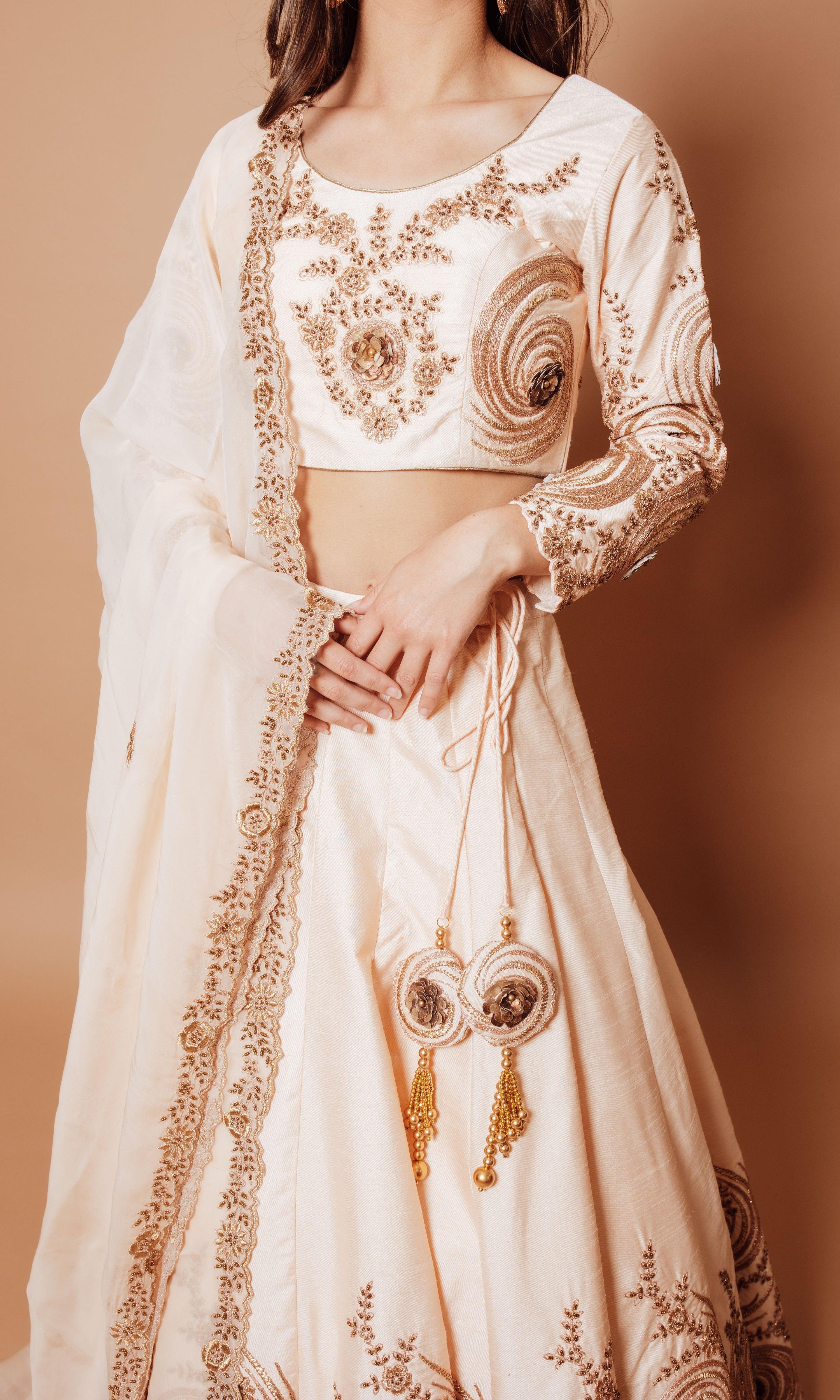 Long Sleeve White Sequin Lehenga Choli Set - Image 3