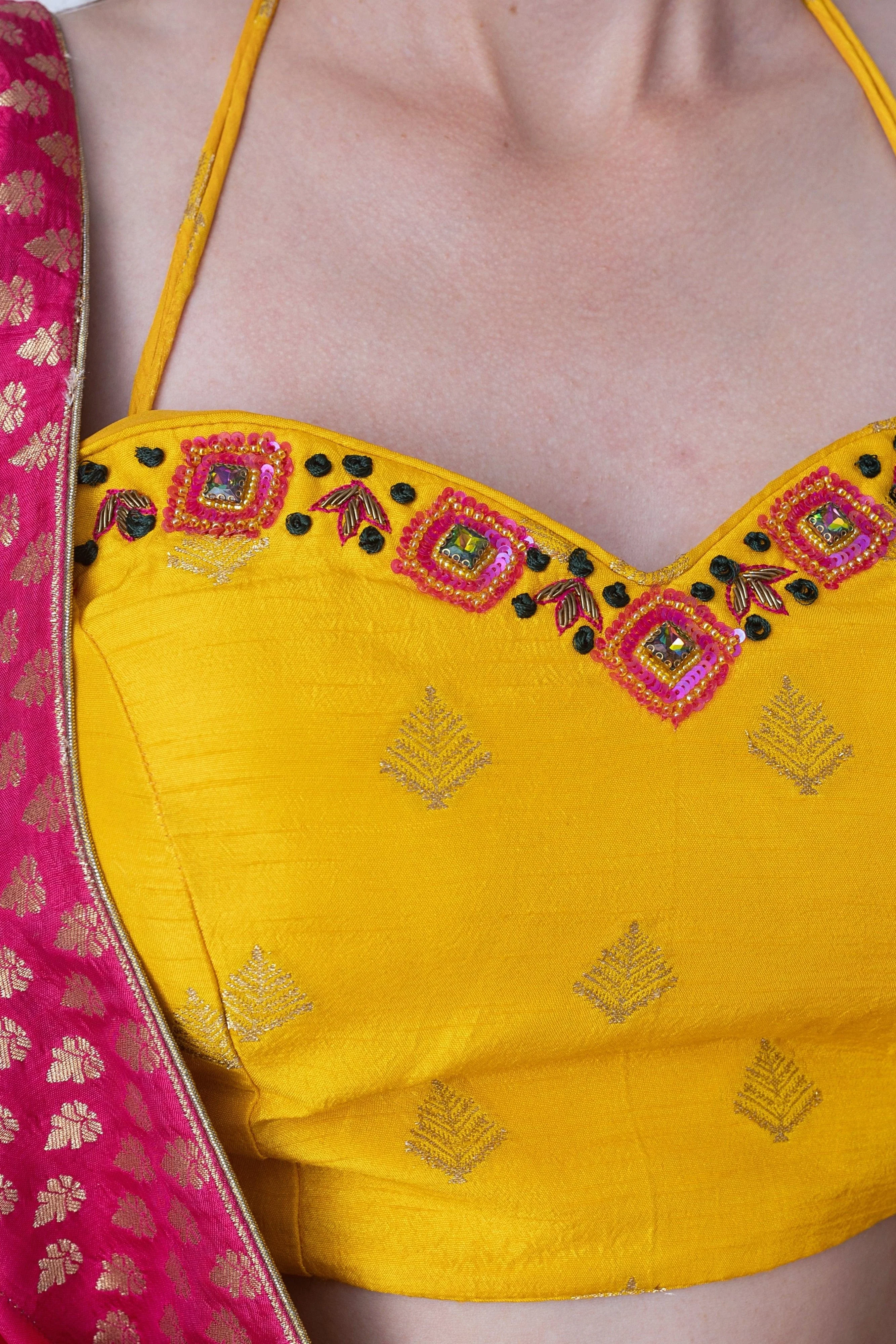 Yellow Sweetheart Neck Halter Lehenga Choli Set - Image 3