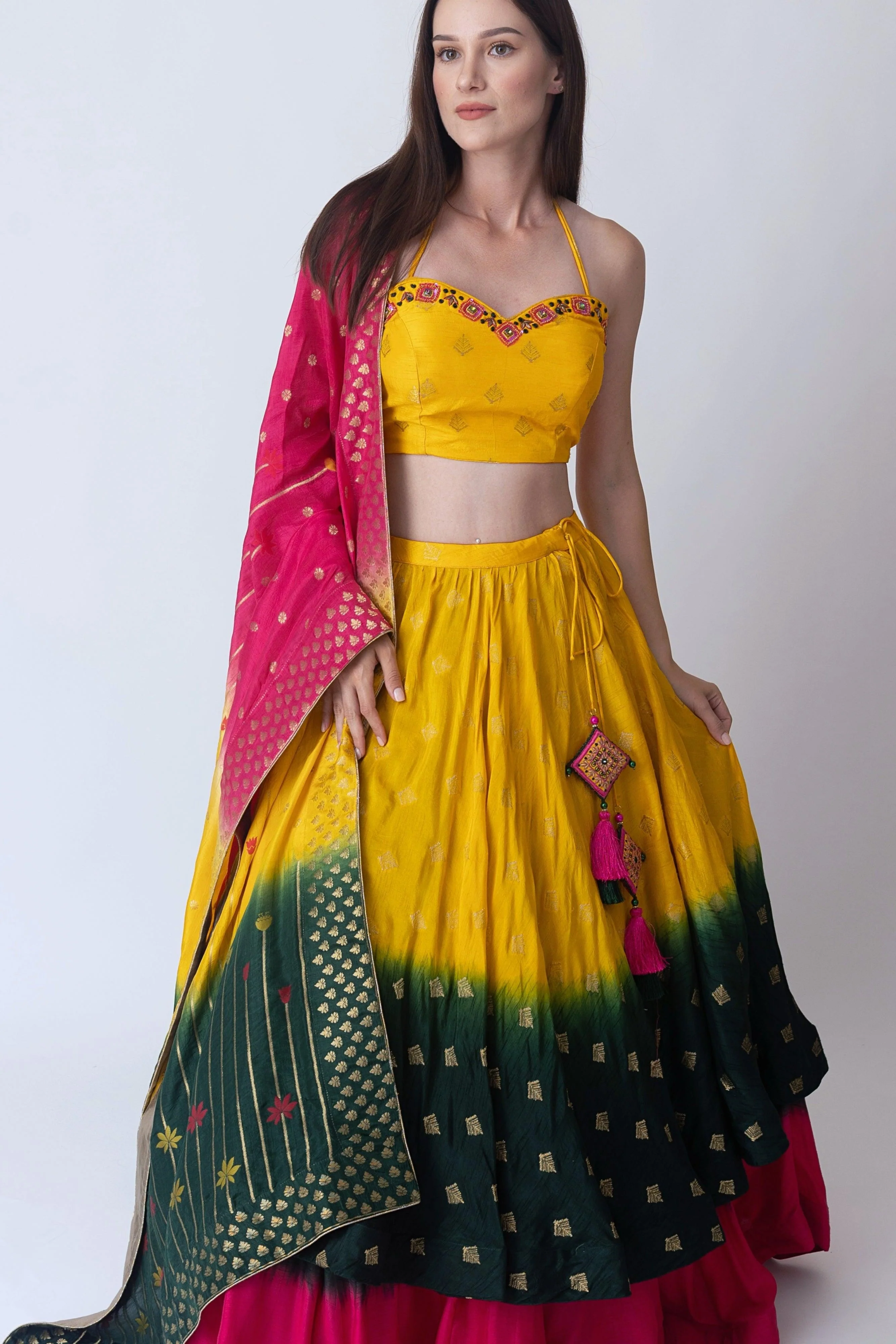 Yellow Sweetheart Neck Halter Lehenga Choli Set - Image 4