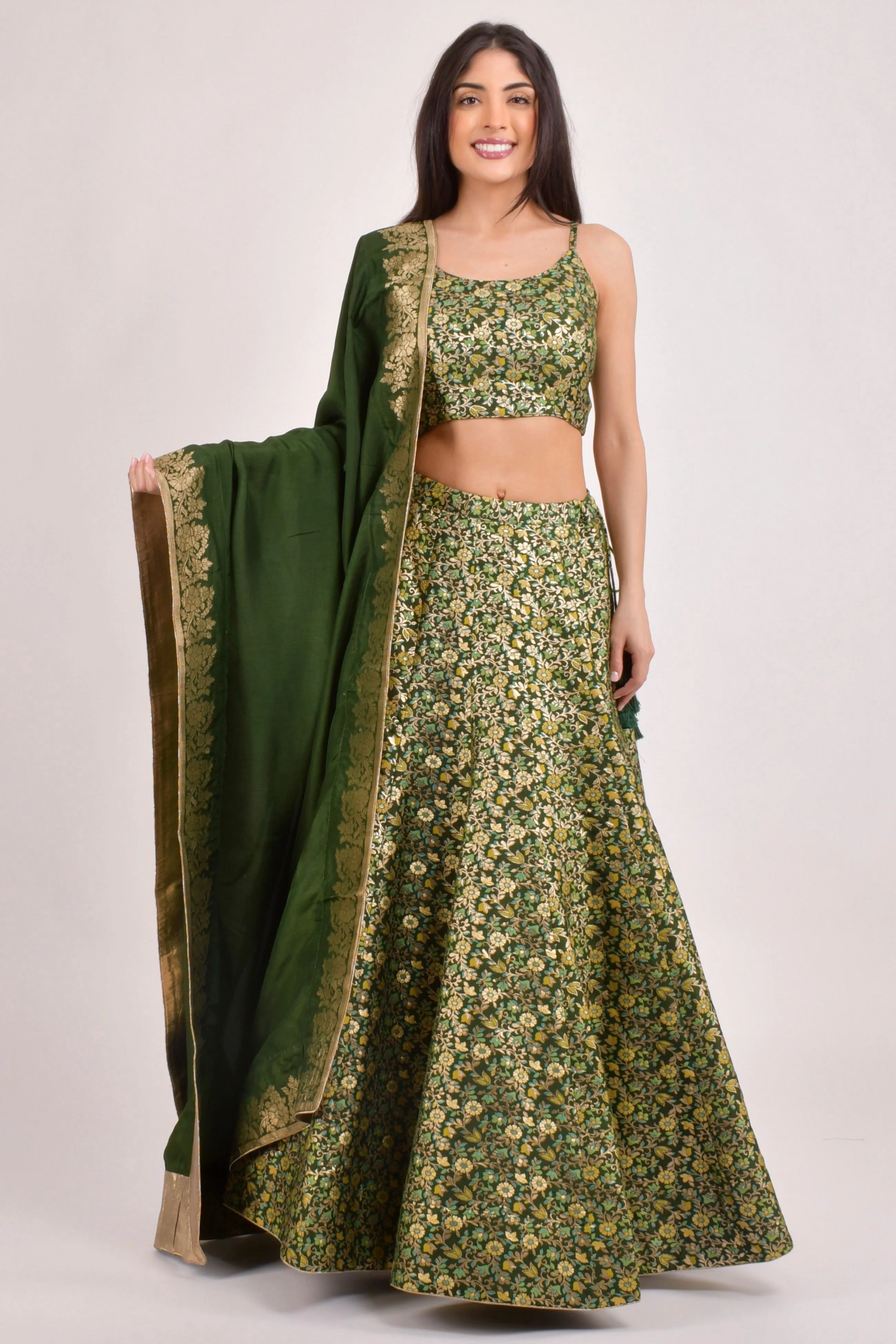 Green Floral Banarasi Lehenga Choli Set for Women