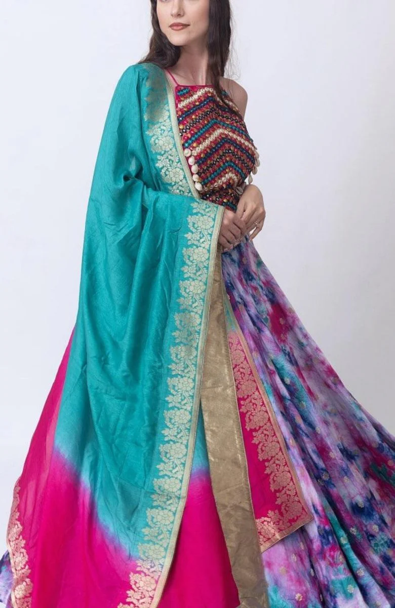Hand Tie Dye Lehenga Choli Set with Heavy Embroidery Blouse - Image 4