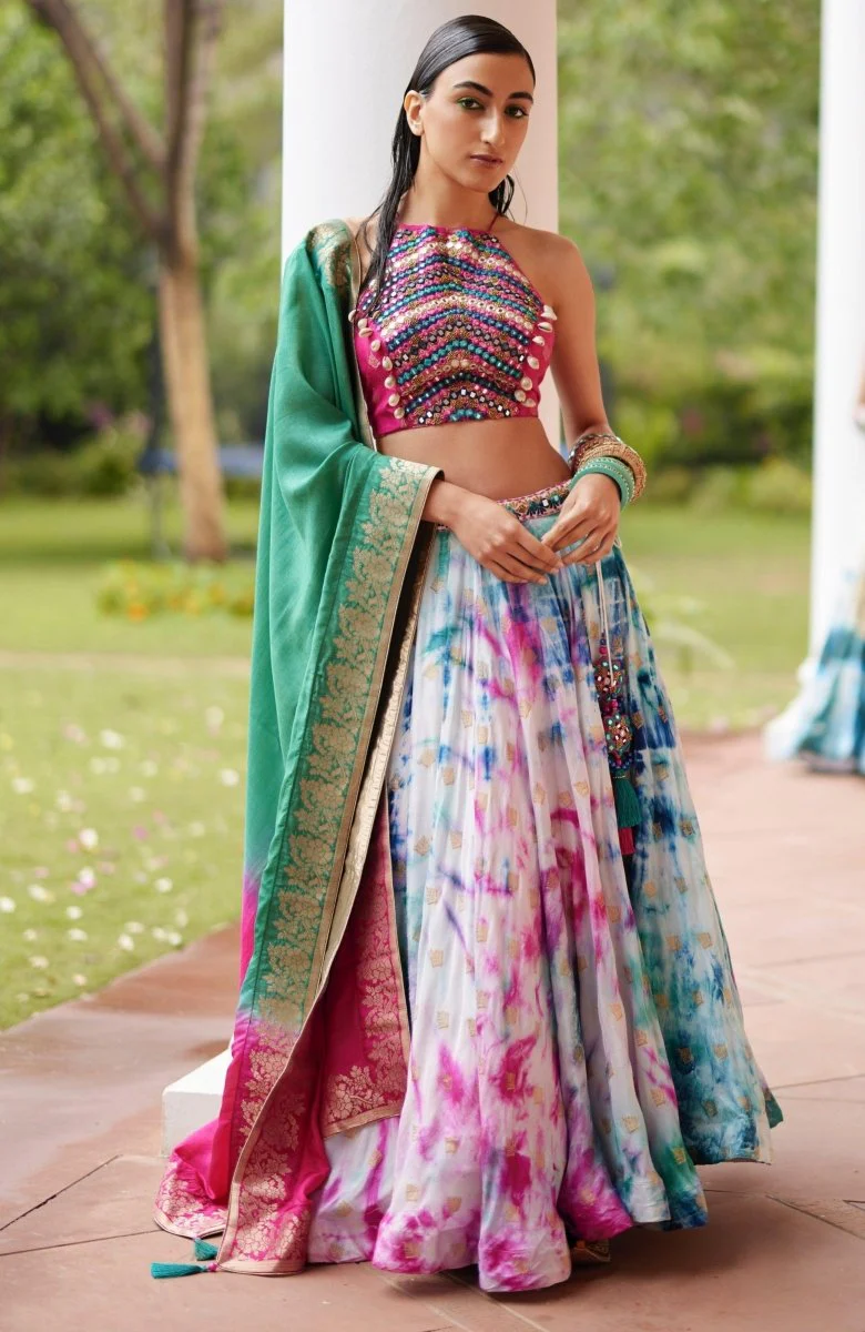 Hand Tie Dye Lehenga Choli Set with Heavy Embroidery Blouse - Image 5