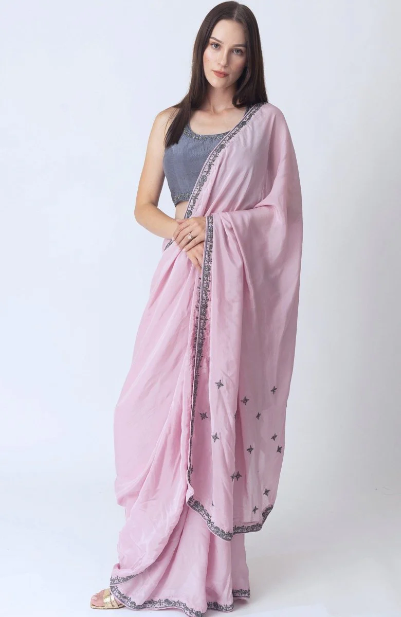 Pink Soft Silk Saree With Hand Embroidered Blouse - Image 5