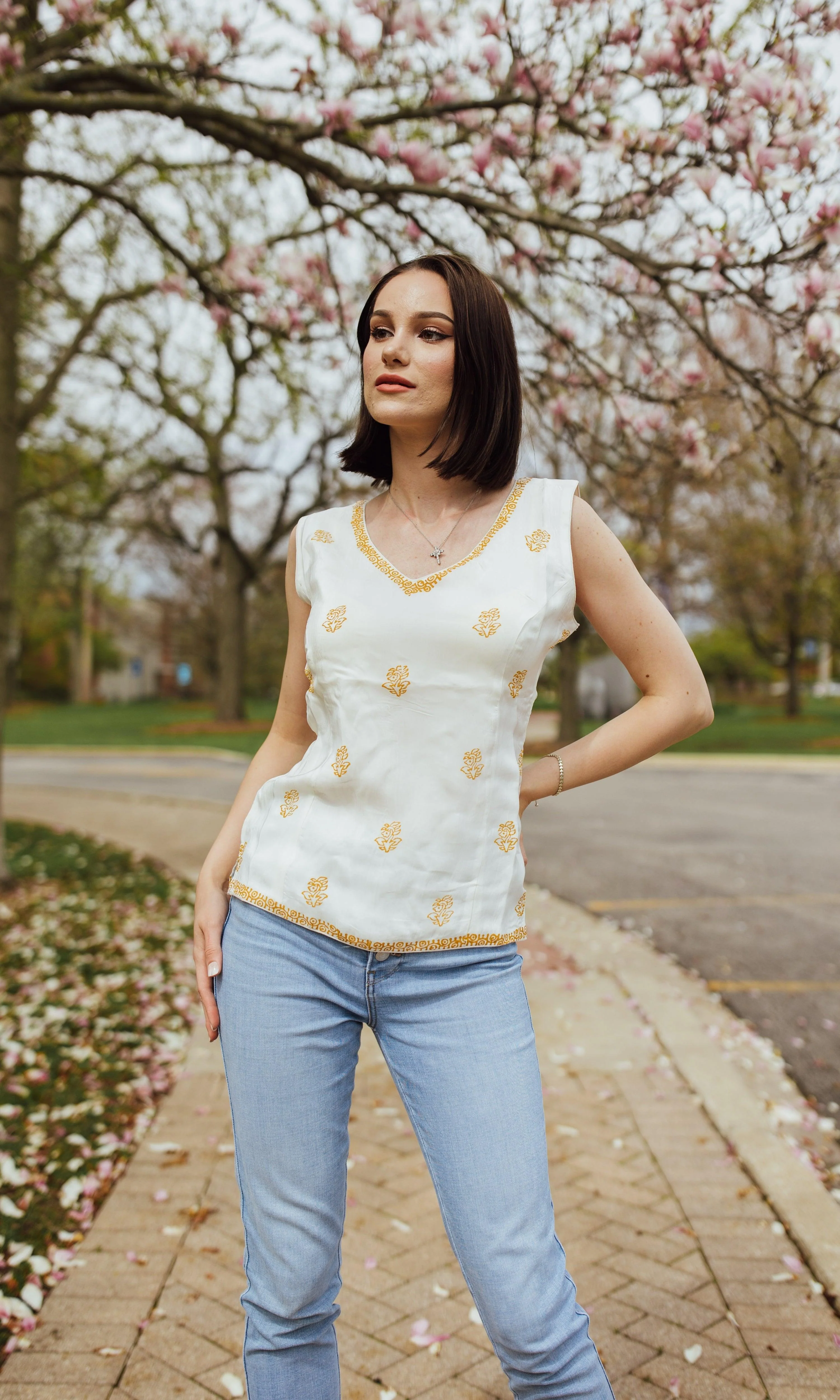 White Top with Yellow Hand-Block Print