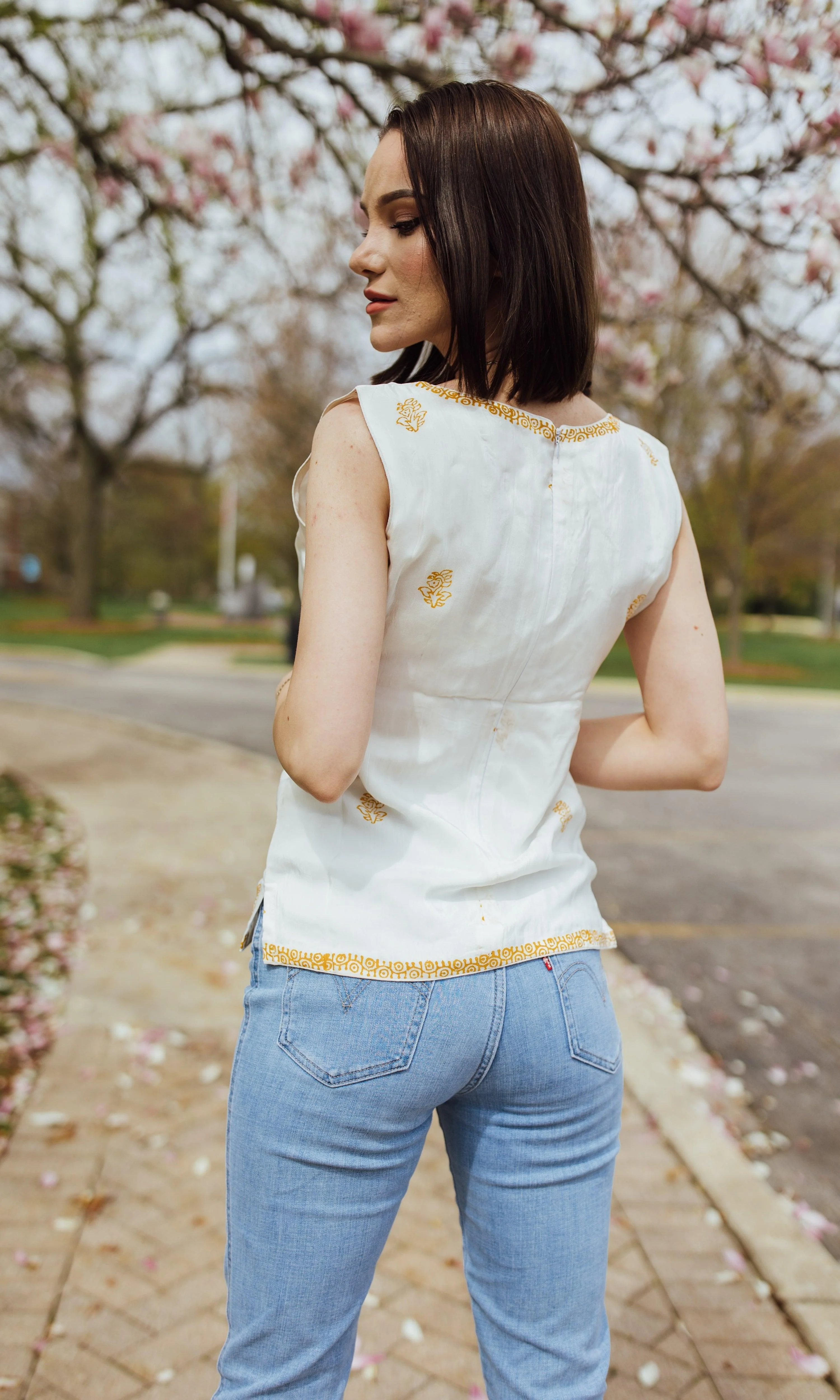 White Top with Yellow Hand-Block Print - Image 2